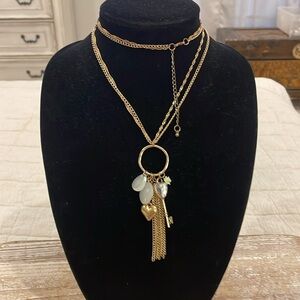 Vintage Gold Tone Tassel Heart Key Locket Pendant Long Statement Necklace